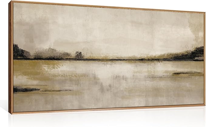 KAIRNE Large Abstract Mountain Lake Wall Art Set, Neutral Textured Canvas Wall Decor, Framed Nordic Tan Wall Painting, Nature Landscape Art Print for Bedroom, Living Room, Office - 20"x40"