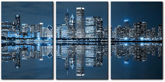 Pacimo Chicago Cityscape Modern Canvas Wall Art Prints Artwork Skyscrapers at Night View Paintings City Skyline Pictures Painting for Home Decorations Decor Framed Ready to Hang - 16"x24"x3 Panels