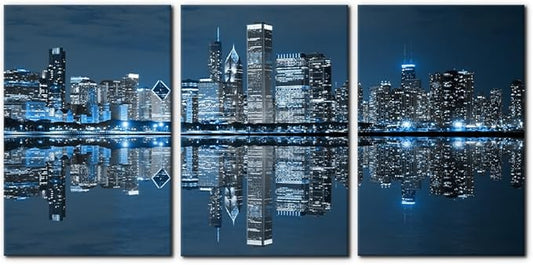 Pacimo Chicago Cityscape Modern Canvas Wall Art Prints Artwork Skyscrapers at Night View Paintings City Skyline Pictures Painting for Home Decorations Decor Framed Ready to Hang - 16"x24"x3 Panels