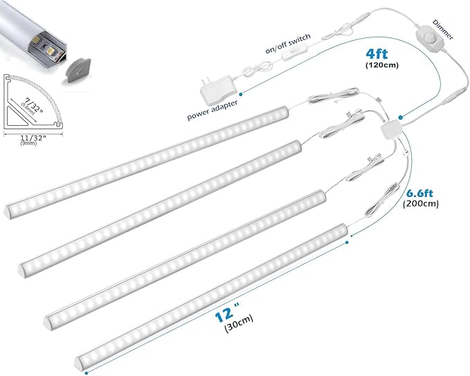 Cefrank V-Shape Under Cabinet Lighting Kit - 4pcs Sleeker 12" Dimmable LED Light Bars for Showcase Shelf Seamless Illumination - 1200lm, 12W - Pure White (6000K)