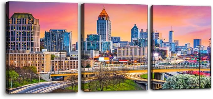 Pacimo Atlanta Cityscape Canvas Wall Art Print City Skyline at Dusk Painting Wall Decor for Living Room Home Decoration Gallery Wrapped Posters and Prints Framed Ready to Hang - 12"x16"x3 Panels