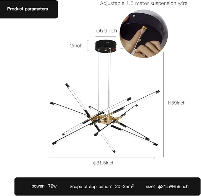 Modern Chandelier,Black and Gold Chandelier 12 Light LED Dimmable Pendant Lights,Easy to Install Ceiling Light 54W Linear Hanging for Dining Room, Kitchen,Bedroom 3000k-6000k with Remote Control