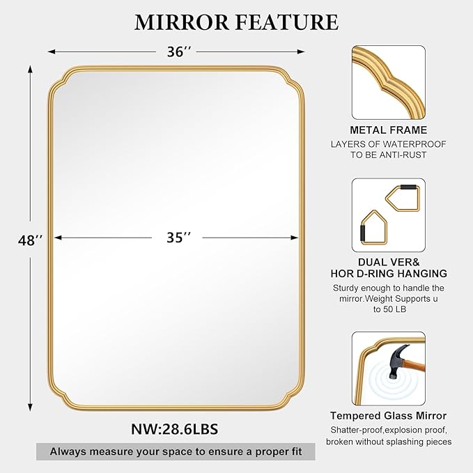 36 x 48 Inch Gold Bathroom Vanity Mirror for Wall with Non-Rusting Metal Frame Large Rounded Rectangle Mirror for Over Sink (Horizontal/Vertical)