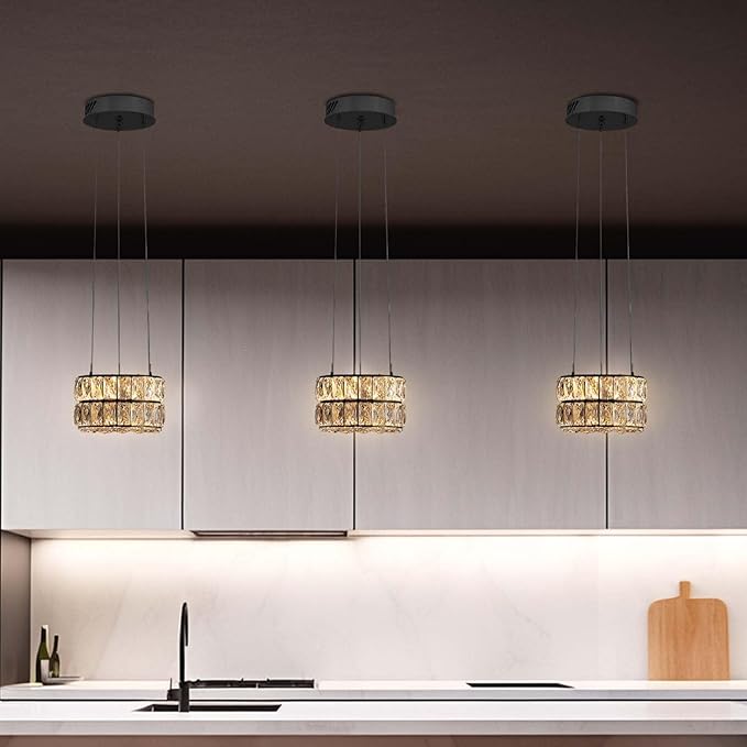 Led Ring Crystal Chandelier, Modern Dimmable Chandeliers Lighting and Hanging Adjustable 7.8'' Black LED Round Ceiling Light Fixtures for Dining Room Living Room