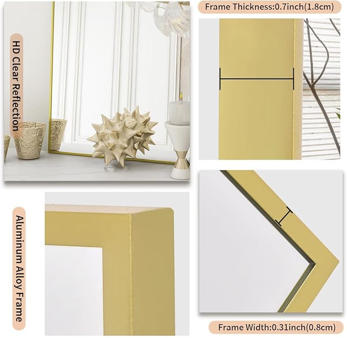 Koonmi Gold Mirrors for Wall, 30x60 Inch Bathroom Mirror, Rectangular Wall Mirror for Living Room Bedroom Bathroom, Hangs Horizontally or Vertically