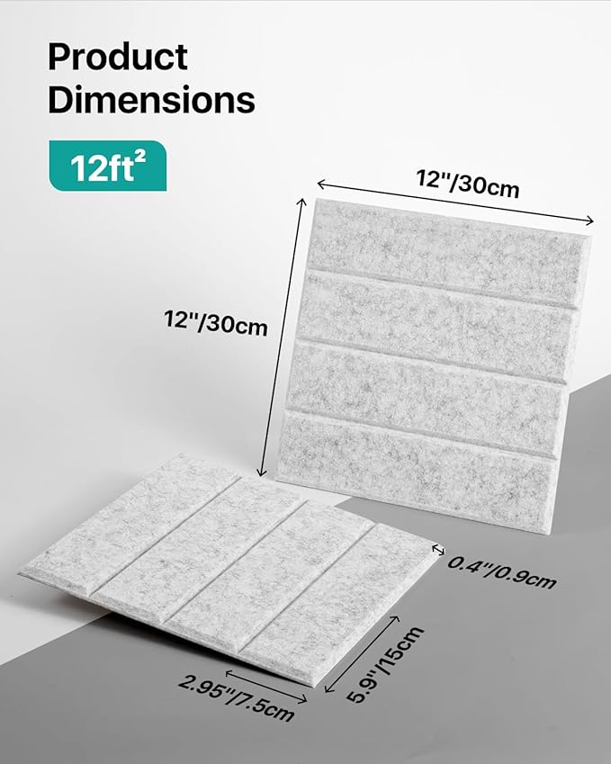 12 Pack Sound Proof Foam Panels for Walls, Self-Adhesive Acoustic Panels Sound Absorbing, 12" X 12" X 0.4" High Density Soundproof Wall Panels Tiles for Door, Ceiling, Home Office, Gray