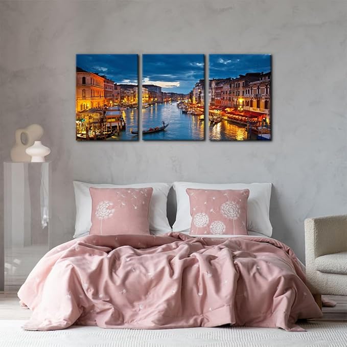 Pacimo 3 Piece Venice Night View Giclee Canvas Prints Wall Art Italy Venice Grand Canal at Night Picture Painting Print on Canvas Poster Modern Artwork Stretch and Framed Ready to Hang - 20"x28"x3