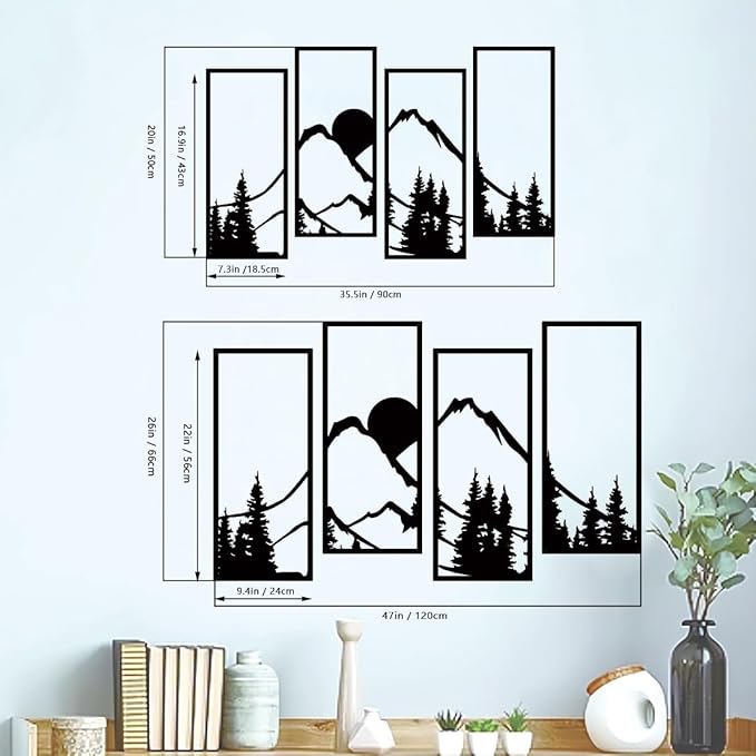Metal Sunset Mountain Forest Wall Decor Set of 4, Minimalist Line Drawing Large Mountains Wall Art Home Decor for Living Room Bedroom Office…