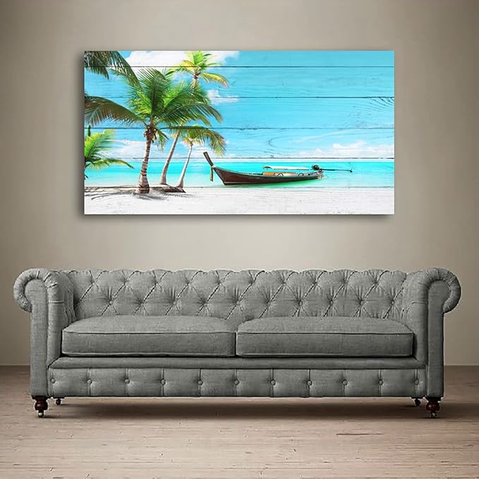 Beach Picture Canvas Prints Coconut Tree Ocean Wall Art Home Decor Natural Seascape Paintings for Living Room Bathroom Bedroom Office Kitchen Decorations Wooden Framed Landscape Artwork 20x40inchs