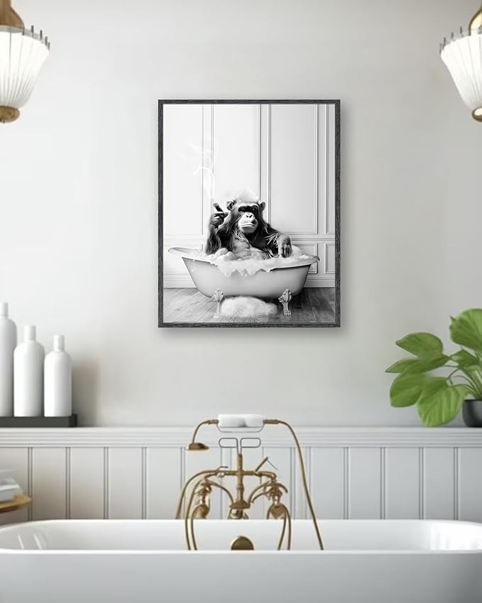KBKBART Framed Canvas Wall Art, 12x16 Inch Funny Canvas Chimpanzee in Bathtub Bathroom Picture, Black and White Bathroom Wall Art Decor, Cute Humor Animals Wall Decor Signs