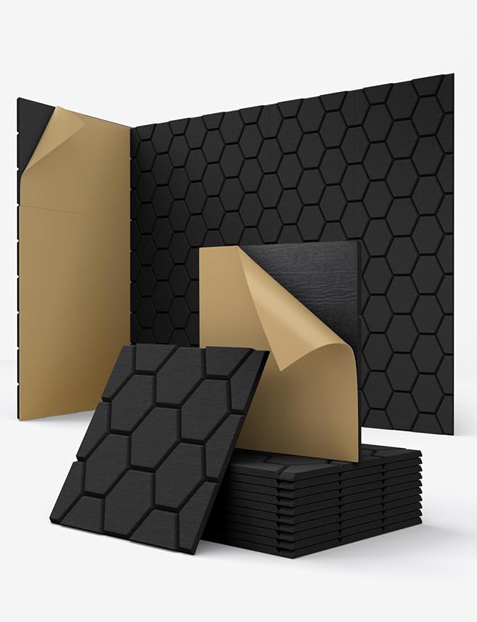 Acoustic Wall Panels Sound Absorbing, Honeycomb Self Adhesive Wall Tiles Panel, 12 Pack Decorative Hexagon Design for Studio, Home Office, Gaming Room, Acoustic Treatment, 12"x12"x0.4", Black