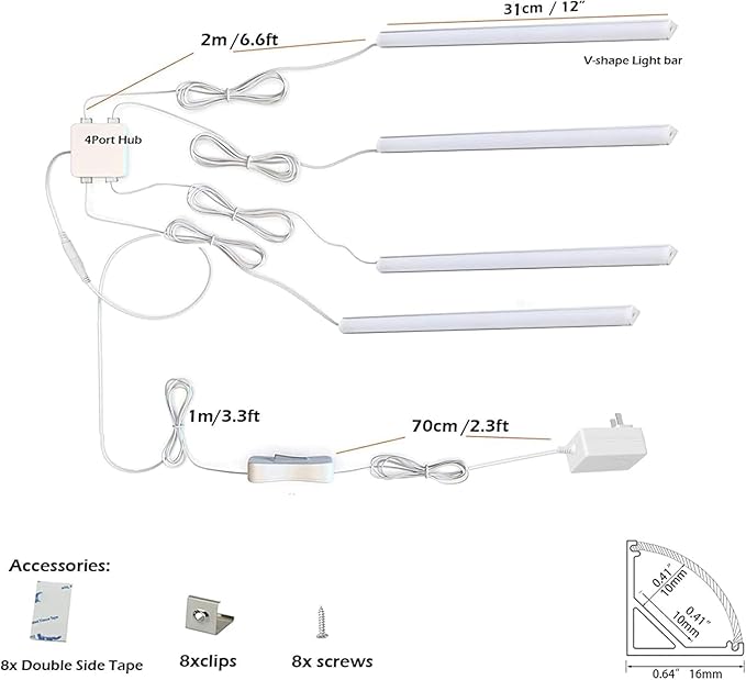 Cabinet Lighting, 4pcs 12" V-Shape Bright LED Light Bars for Under Cabinet, Gun Safe, Locker, Closet, Under Counter, Shelf, Showcase - 1200lm 12W - Pure White (6000K)