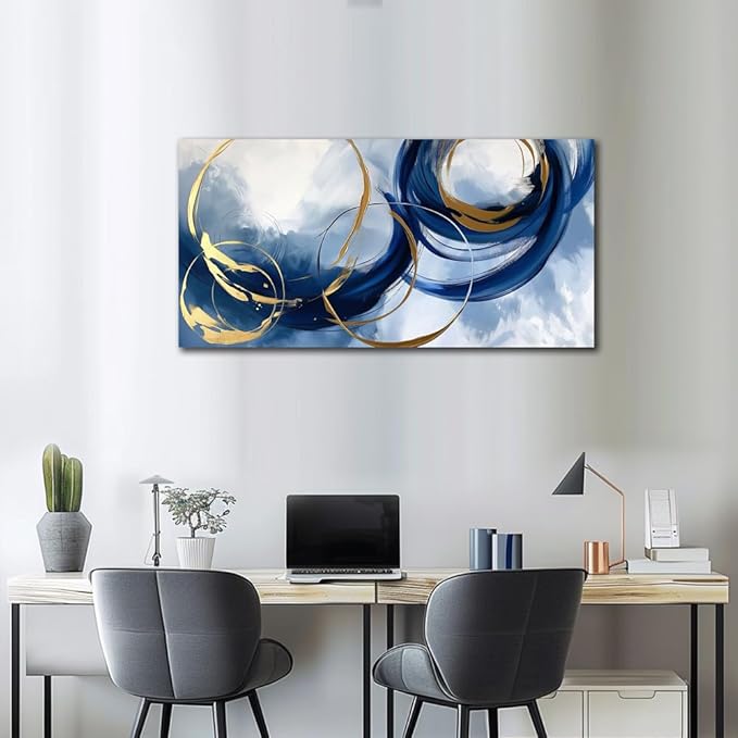 Abstract Wall Art Nave Blue Modern Canvas Pictures Art Print Gold Contemporary Artwork Painting Decor for Living Room Bedroom Home Office Decorations(20"x40")