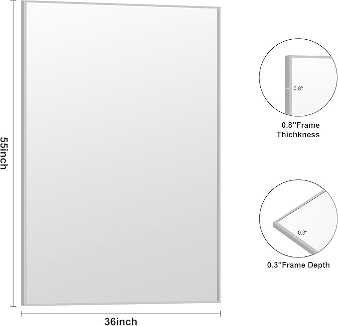KOCUUY Silver Bathroom Mirror, 55"x36" Large Rectangle Bathroom Mirror for Wall, HD Tempered Glass, Anti-Rust Brushed Silver Frame, Modern Design for Bathroom, Bedroom, Hang Horizontal/Vertical