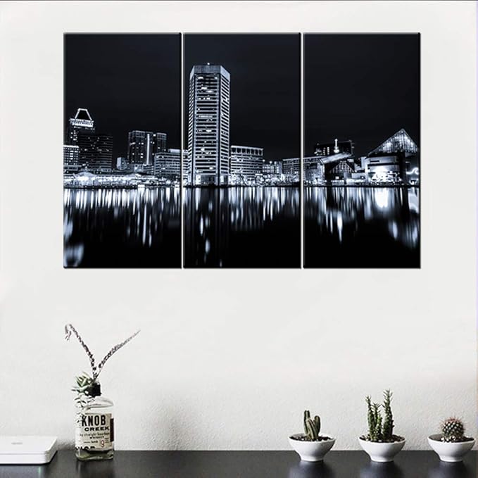 Black and White Image of the Baltimore Inner Harbor Skyline at Night Canvas Prints Modern Stretched and Framed Art Work Cityscape Pictures Paintings on Canvas Wall Art for Bedroom Home Decorations