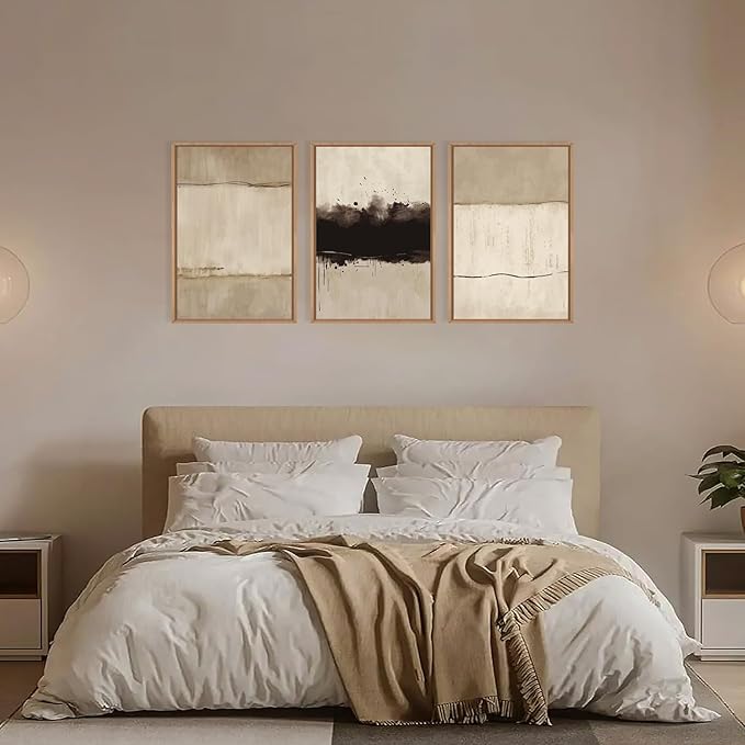 Ausril Large Neutral Textured Framed Canvas Wall Art Set, Minimalist Beige Shapes Wall Decor, Abstract Grunge Landscape Wall Painting, Modern Textured Art Prints for Living Room, Bedroom 24"x36"x3