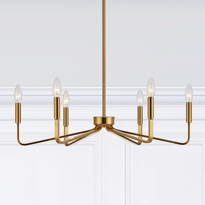 Jonsi Gold Chandelier - 26" Modern Brushed Brass Chandelier Light Fixture 6 Light Industrial Candle Lighting Hanging Ceiling for Living Dining Room, Kitchen Island
