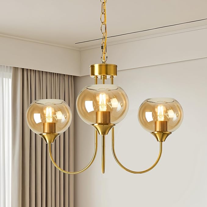 Mid Century Modern Globe Chandelier 3 Light Amber Glass Vintage Sputnik Chandeliers Gold Pendant Light Fixtures for Dining Room Kitchen Living Room Bedroom