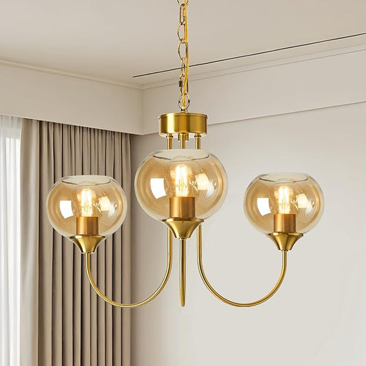 Mid Century Modern Globe Chandelier 3 Light Amber Glass Vintage Sputnik Chandeliers Gold Pendant Light Fixtures for Dining Room Kitchen Living Room Bedroom