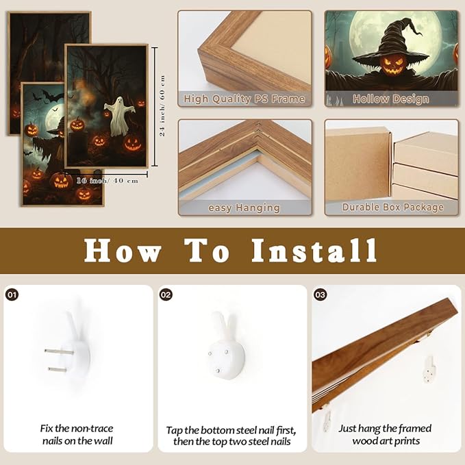 Anyzal Halloween Ghost Wall Art Spooky Pumpkin Wall Decor Dark Forest Artwork for Living Room Bedroom Dining Room16x24 Inch Set of 3