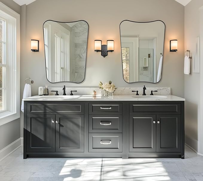 ANDY STAR Matte Black Vanity Mirror, 24"x32" Scalloped Mirror for Bathroom, Asymmetrical Wall Mirror, Unique Shape Ideal for Bathroom, Entryway, Mantle