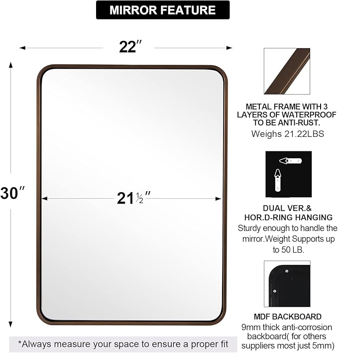 ANDY STAR Bronze Bathroom Mirror, 22X30’’ Bronze Mirrors for Wall, Rounded Rectangle Mirror for Bathroom Vanity Metal Framed, HD Reflection, Wall-Mounted Vertically or Horizontally