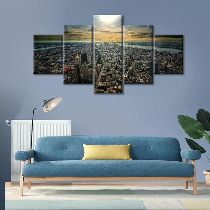 5 Panel New York Office Decor Art Prints Cityscape Pictures Wall Decor for Living Room New York Skyline Artwork Paintings Contemporary Home Decor Stretched and Framed Ready to Hang (60"Wx32"H)