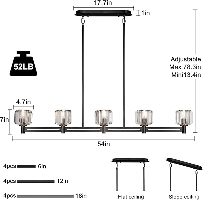 Modern Crystal Chandelier, 54" Black Rectangle Chandeliers for Dining Room, 5-Light Kitchen Island Lighting, Light Fixtures Over Table,Pendant Lighting Fixture for Dining Room Bedroom