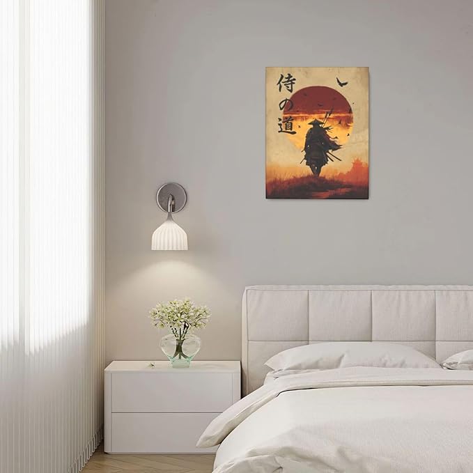 Japanese Samurai Wall Art Oriental Asian Bushido Wall Decor Warrior Figure Canvas Pictures Paintings Prints Japan Traditional Aesthetic Artwork Framed Decorations For Bedroom Living Room Office Gifts 16" x 20"