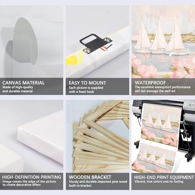 Large Ocean Beach Framed Oil Paiting Canvas Wall Art Pink Landscape Art Beach Sailboats Canvas Blue Sky White Clouds Scenery for Living Room Bedroom Office - 20x28inchx3Pcs