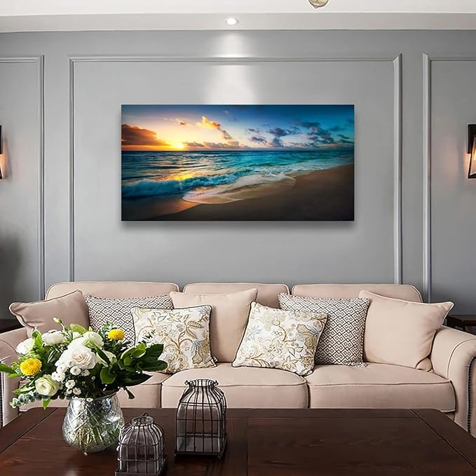 Beach Pictures Wall Art Canvas Prints Seascape Themed Decor for Home Sea Ocean Sunset Paintings for Living Room Bathroom Wall Decorations Natural Landscape Artwork Wooden Picture Frames Hanging Easy