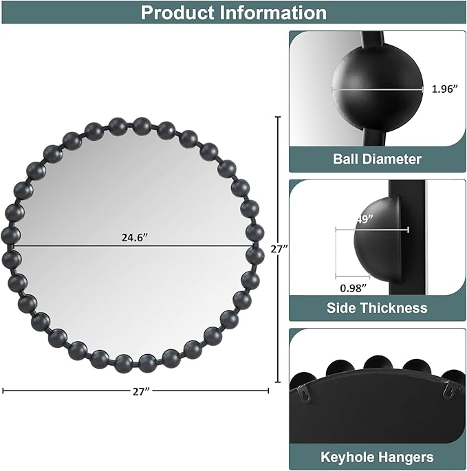 Madison Park Round Mirror, Metal Frame Circle Mirror 27 inch, Wall Art Decor Mounted Hanging for Entryway, Bathroom, hallway, Living Room, Vanity, Marlowe, Black