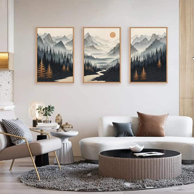 Ausril Watercolor Mountain Forest Framed Canvas Wall Art Set, Wood Foggy Lake Wall Decor, Misty Pine Tree Wall Painting, Neutral Nature Landscape Art Print for Living Room, Bedroom, Office - 16"X24"X3