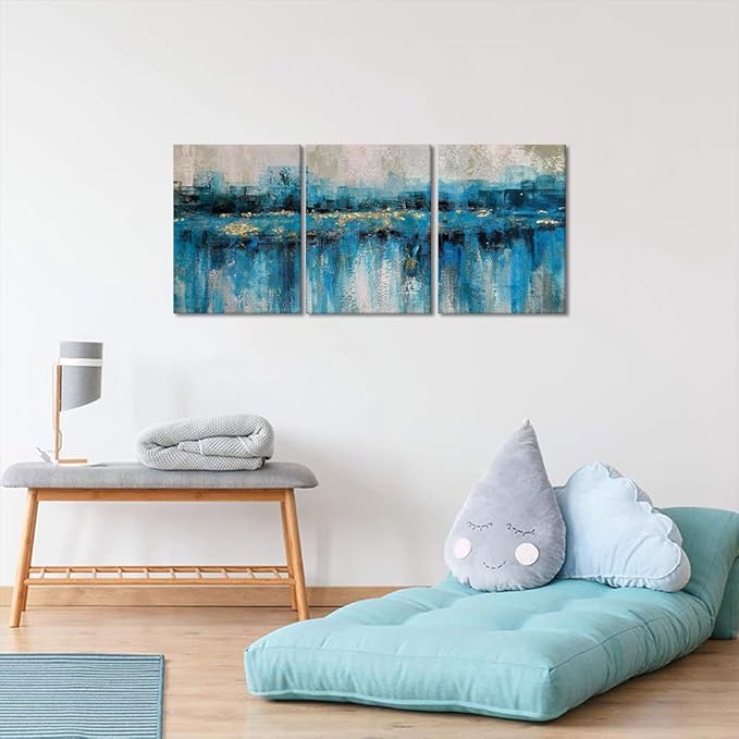 MAMAGO Modern Art Wall Decor Blue City Abstract Picture Print Painting for Living Room Bedroom Office Wall Art Framed Easy to Hang-12”W x 16”Hx3pcs