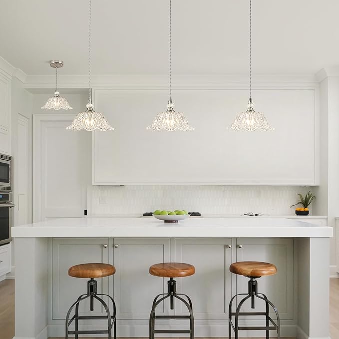 1 Piece Brushed Nickel Chandelier Light Fixtures with Glass Shade, Brushed Nickel Finish Pendant Light,Hanging Light for Dining Room,Hallways,Living Room,Bedroom