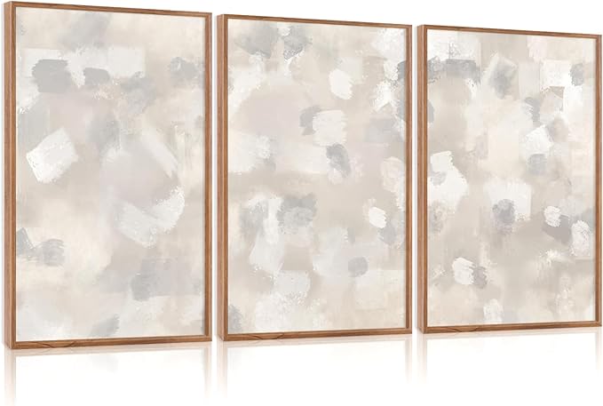 Abstract Gray Beige White Pastel Wall Art Set(16"x24"), 3 Pieces Neutral Geometric Strokes Shapes Illustration Framed Canvas Artwork, Large Mid Century Modern Minimalist Wall Decor for Office Bedroom Living Room
