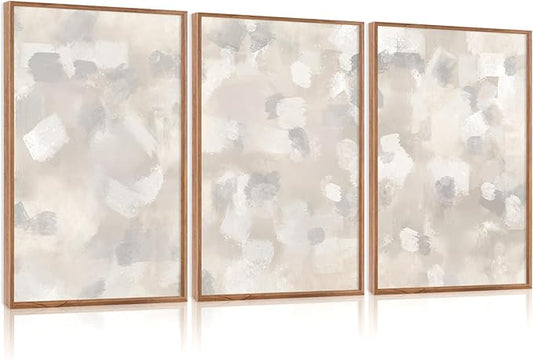 Abstract Gray Beige White Pastel Wall Art Set(16"x24"), 3 Pieces Neutral Geometric Strokes Shapes Illustration Framed Canvas Artwork, Large Mid Century Modern Minimalist Wall Decor for Office Bedroom Living Room