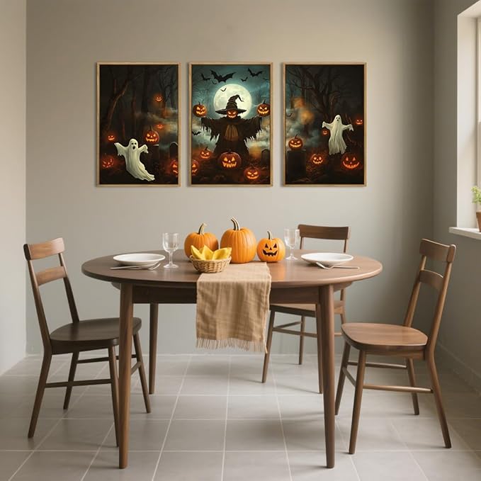 Anyzal Halloween Ghost Wall Art Spooky Pumpkin Wall Decor Dark Forest Artwork for Living Room Bedroom Dining Room16x24 Inch Set of 3