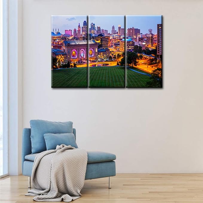 Buildings of Kansas City , Missouri with Wide Square Wall Art Painting Pictures Print On Canvas City The Picture for Home Modern Decoration Stretched and Frame Ready to Hang 24‘’ x 12‘’ x 3 panels