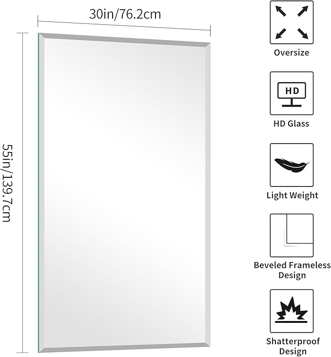 KOCUUY Beveled Mirror, 55x30 Inch Large Frameless Bathroom Mirror for Over Sink, Upgraded Shatterproof Beveled Unframed Design Mirror for Bathroom, Bedroom, Hang Horizontal/Vertical