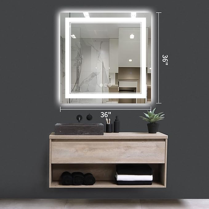 36 x 36 Inch Led Mirror for Bathroom, Backlit and Front Lighted Bathroom Vanity Mirror with Lights, Anti-Fog, 3 Colors Dimmable, Memory, Shatterproof Wall Led Mirror