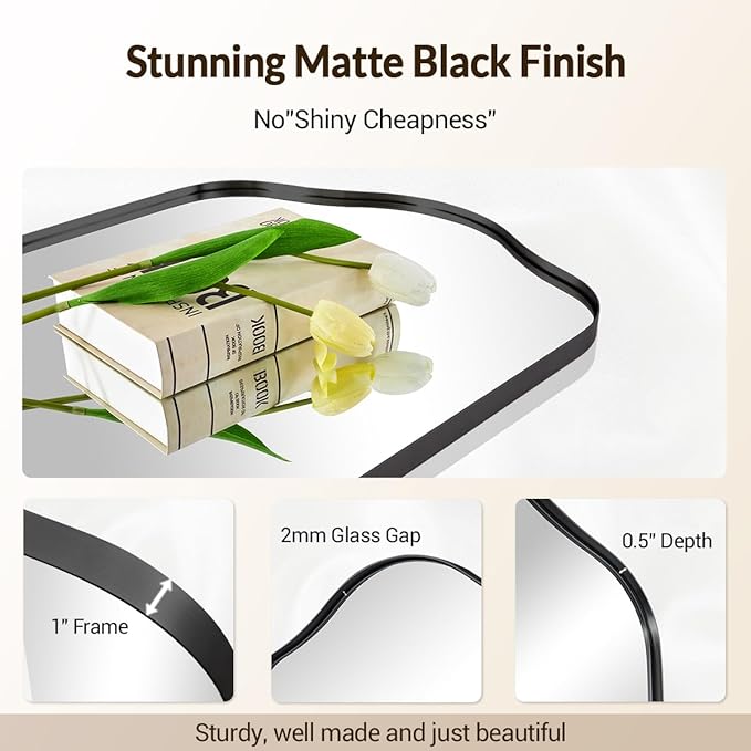 ANDY STAR Scalloped Arched Mirror, 22x35 Matte Black Irregular Wall Mirror for Bathroom Vanity with Metal Frame for Living Room, Entryway, Fireplace, Mantel, with Stainless Steel Frame