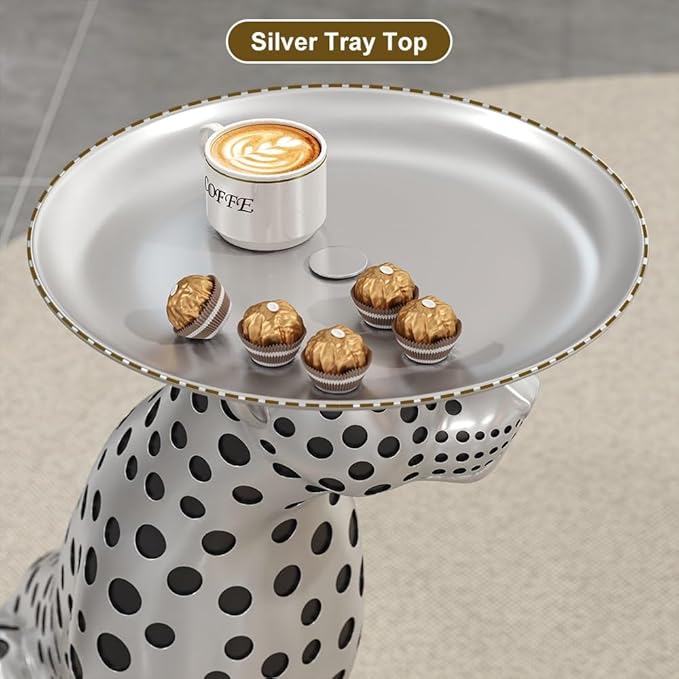 LOVEDIMA 24.2" Resin Panther Statue Luxury Silver Leopard Floor Figurine Accent Side Statue with Tray Top for Small Space Living Room Bedroom