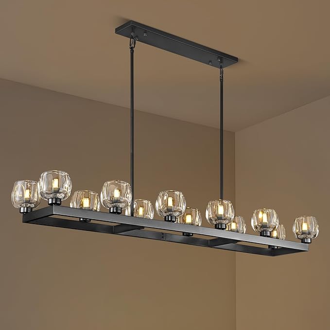 59 Inch Black Rectangle Wagon Wheel Chandeliers, Black Chandelier for Dining Room Over Table, Modern Crystal Long Chandelier, Farmhouse Large Linear Chandeliers for Kitchen Island