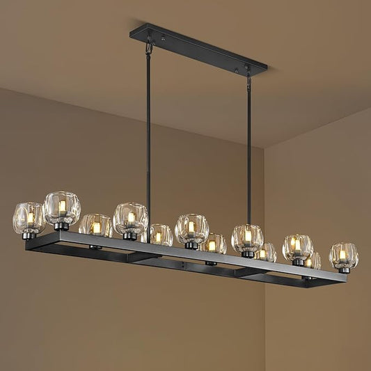 59 Inch Black Rectangle Wagon Wheel Chandeliers, Black Chandelier for Dining Room Over Table, Modern Crystal Long Chandelier, Farmhouse Large Linear Chandeliers for Kitchen Island