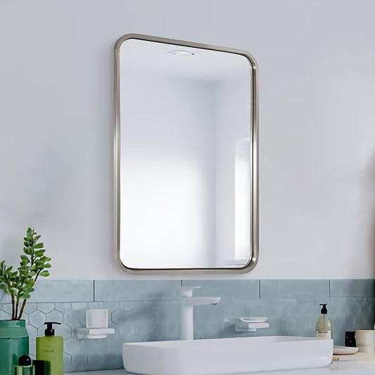 ANDY STAR Mirrors for Wall, 20x28’’ Brushed Nickel Bathroom Mirror, Rounded Rectangle Mirrors for Vanity, Anti-Rust SUS304, Tube Metal Frame, 1’’ Deep Wall Mounted Vertically/Horizontal