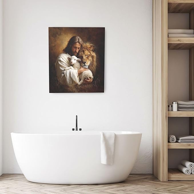 Jesus Lion Lamb Wall Art Christian Jesus Wall Decor Lion of Judah Pictures Religious God Canvas Painting Print Christ Artwork Decoration for Living Room Bedroom Church Framed Gifts 20”X24”