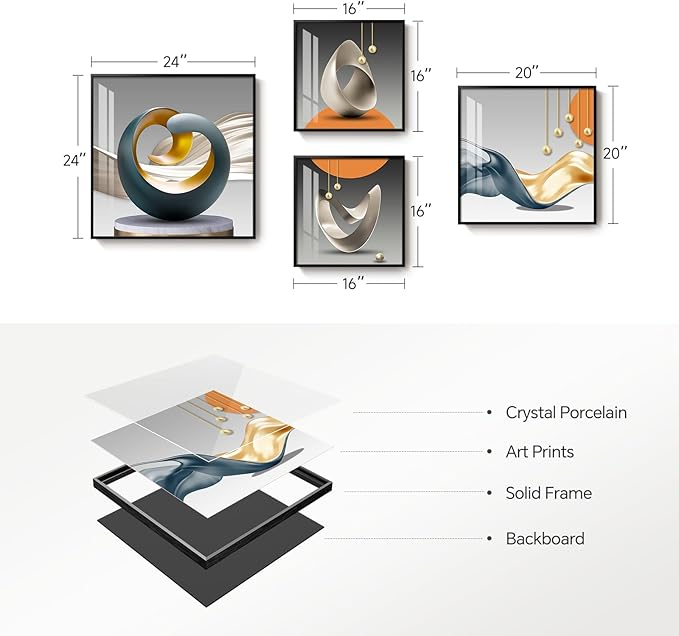 4 Piece Framed Modern Wall Art Set, Abstract Luxury Geometric Prints Artworks, Contemporary Minimalist Orange Gray and Gold Pictures Painting for Living Room, Bedroom, Hallway and Office