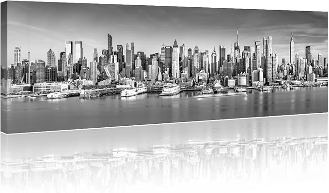New York Wall Art Black and White City Panorama Cityscape Pictures Print On Canvas Urban Building Artwork Wall Art for Living Room Office Giclee Posters and Prints Framed Ready to Hang 12x46 Inch