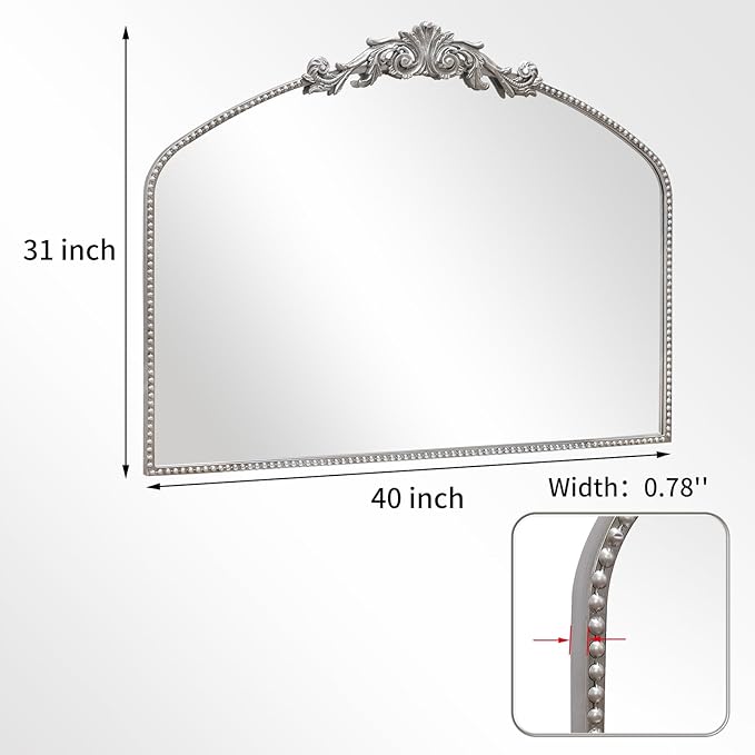 Antique Silver Arch Wall Mirror, 40"x31" Vintage Mantel Mirror with Ornate Metal Frame, Baroque Victorian Mirror for Fireplace/Entryway/Bathroom/Living Room/Hallway